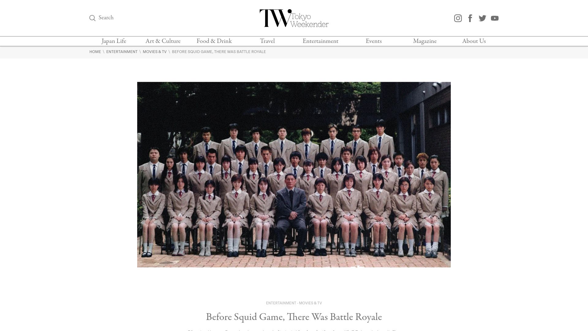 Screenshot of tokyoweekender.com: Before Squid Game, there was Battle Royale