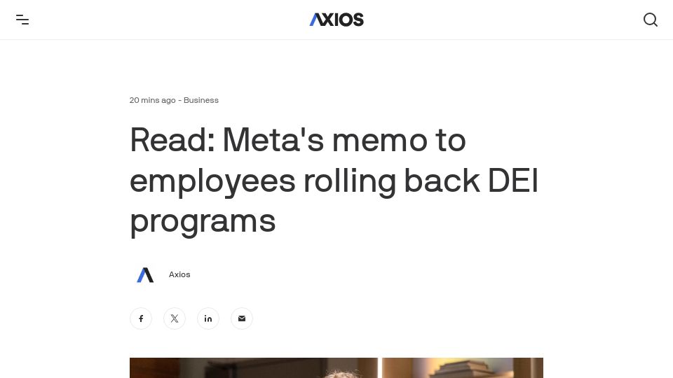 Screenshot of axios.com: Meta's memo to employees rolling back DEI programs