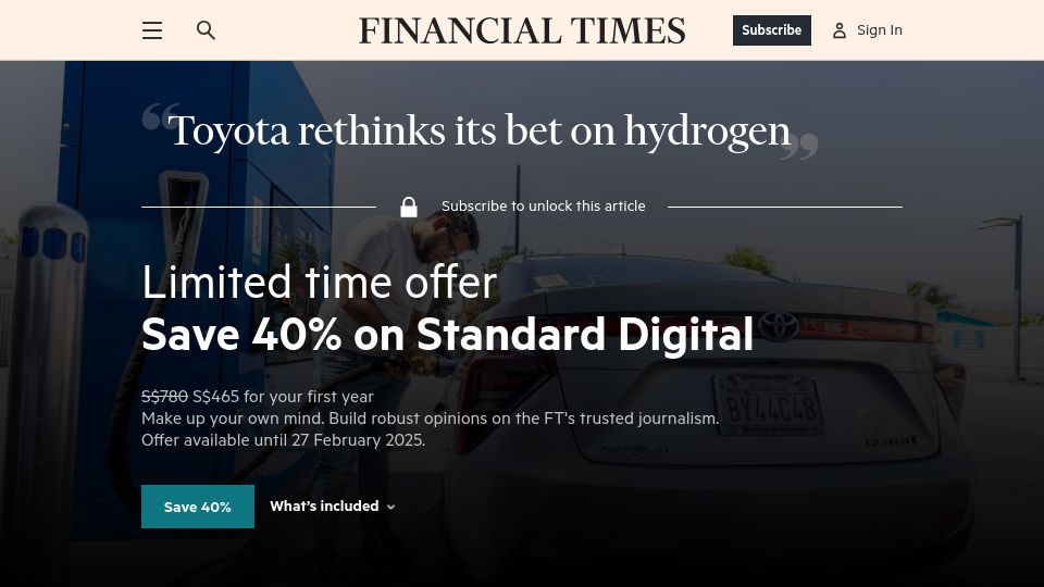 Screenshot of ft.com: Toyota rethinks its bet on hydrogen