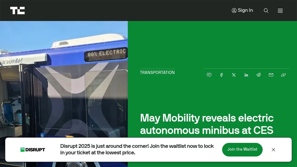 Screenshot of techcrunch.com: May Mobility reveals electric autonomous minibus at CES 2025