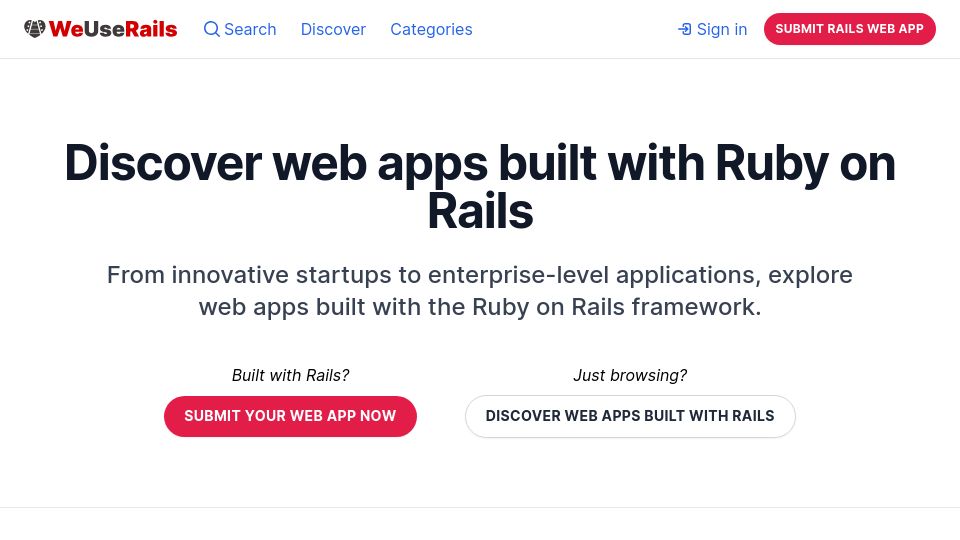 Screenshot of weuserails.com: Web apps built with Ruby on Rails