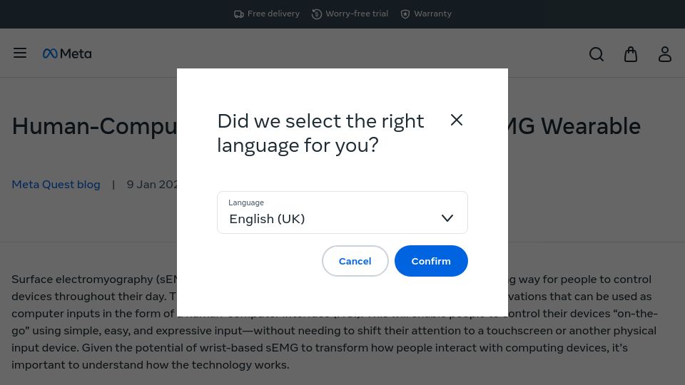 Screenshot of meta.com: Human-Computer Input via a Wrist-Based SEMG Wearable
