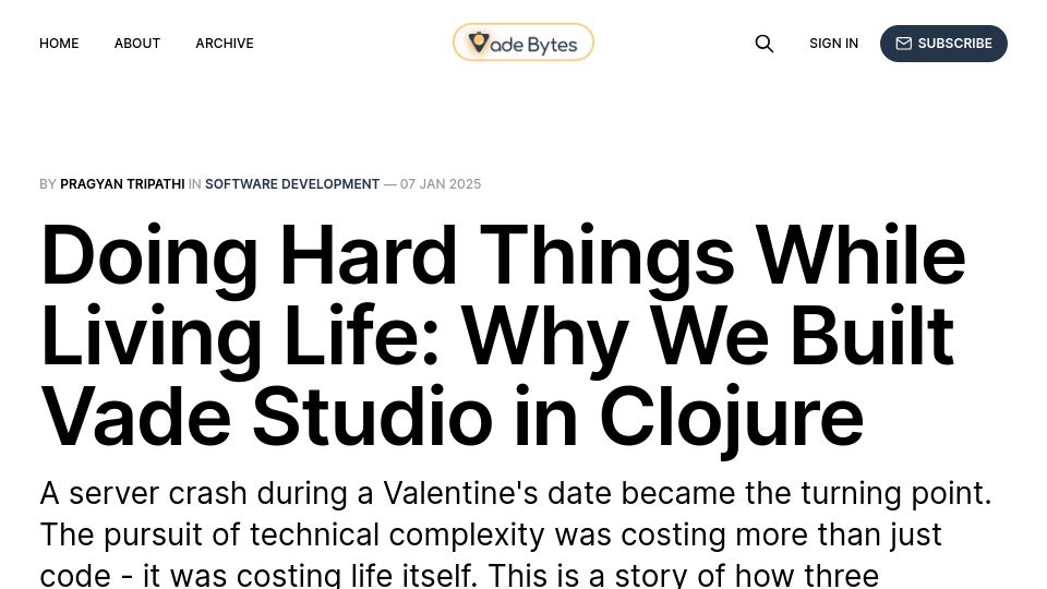 Screenshot of bytes.vadelabs.com: Why we built Vade Studio in Clojure