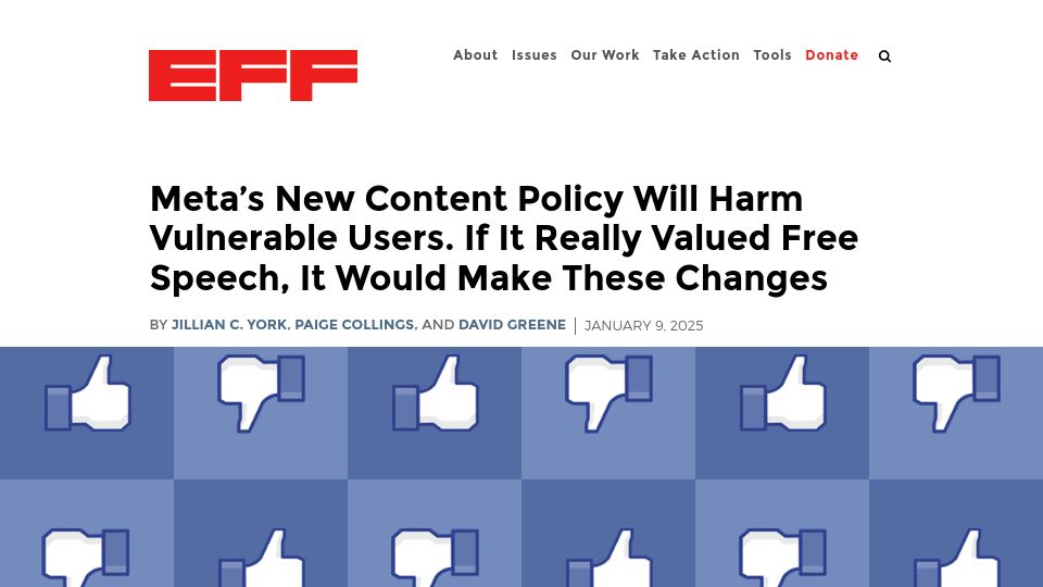 Screenshot of eff.org: Meta's New Content Policy Will Harm Vulnerable Users