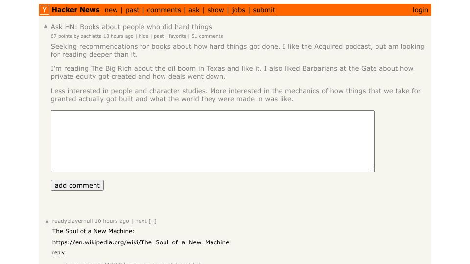 Screenshot of Hacker News post: Ask HN: Books about people who did hard things