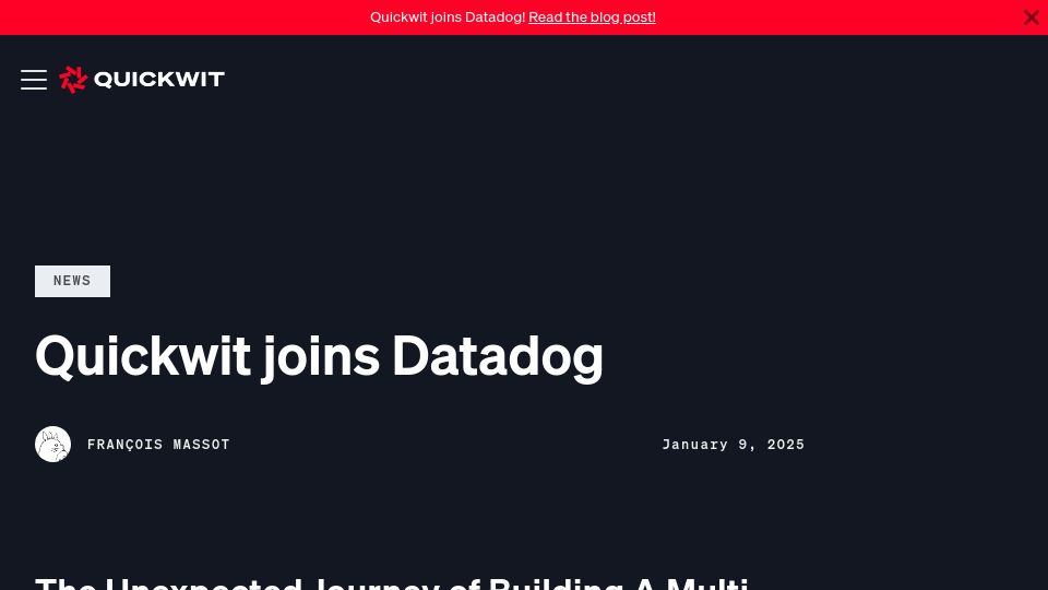 Screenshot of quickwit.io: Datadog acquires Quickwit