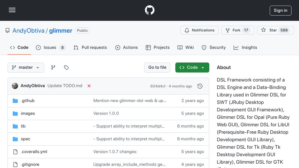 Screenshot of github.com: Glimmer: DSL Framework for Ruby GUI and More