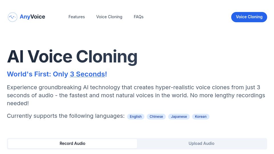 Screenshot of anyvoice.net: Creates hyper-realistic voice clones from just 3 seconds of audio