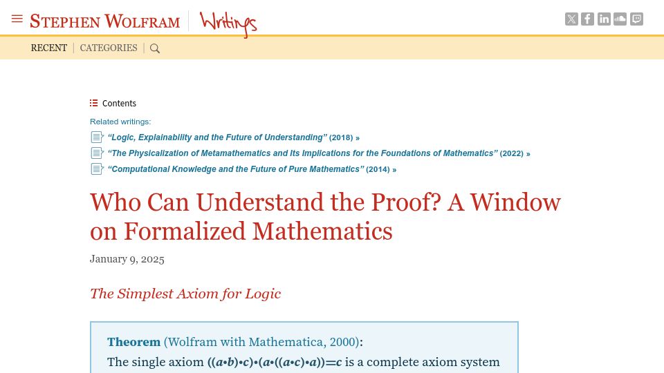 Screenshot of writings.stephenwolfram.com: Who Can Understand the Proof? A Window on Formalized Mathematics