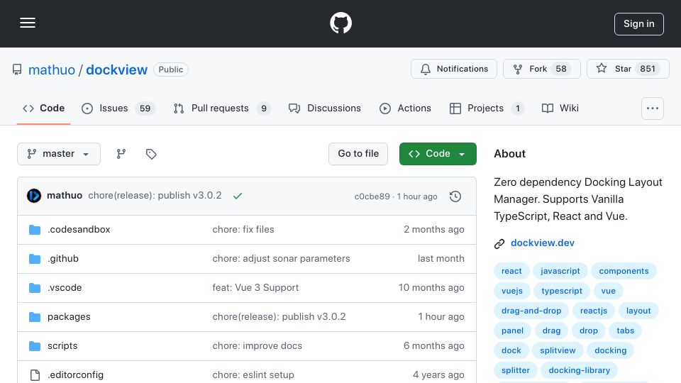 Screenshot of github.com: Show HN: TypeScript/React/Vue Window Layout Manager (Tabs, Floating, Popouts)