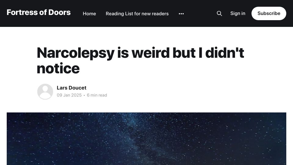 Screenshot of fortressofdoors.com: Narcolepsy is weird but I didn't notice