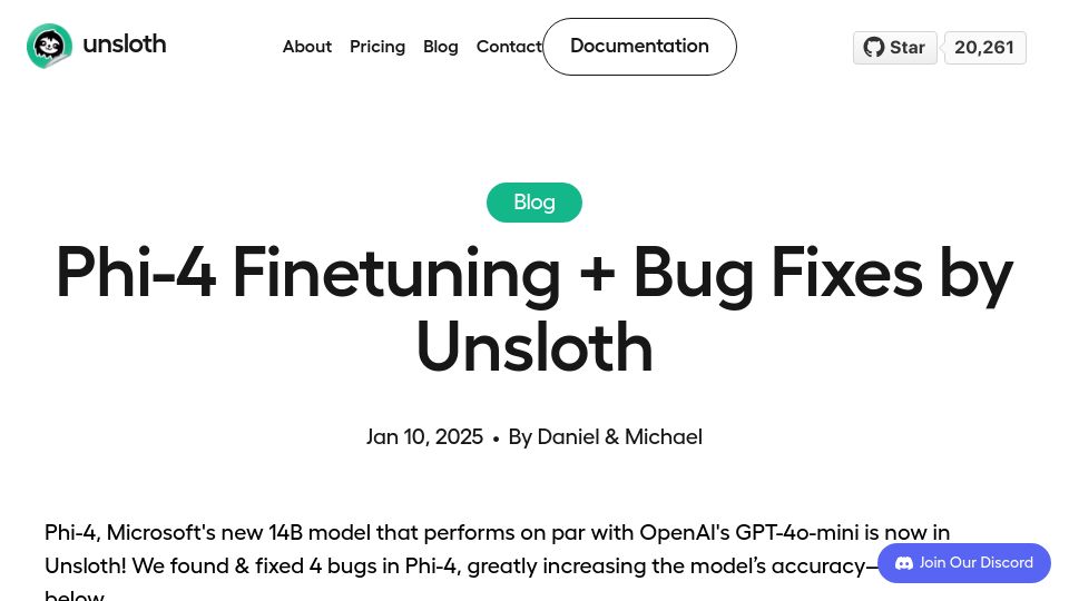 Screenshot of unsloth.ai: Phi-4 Bug Fixes