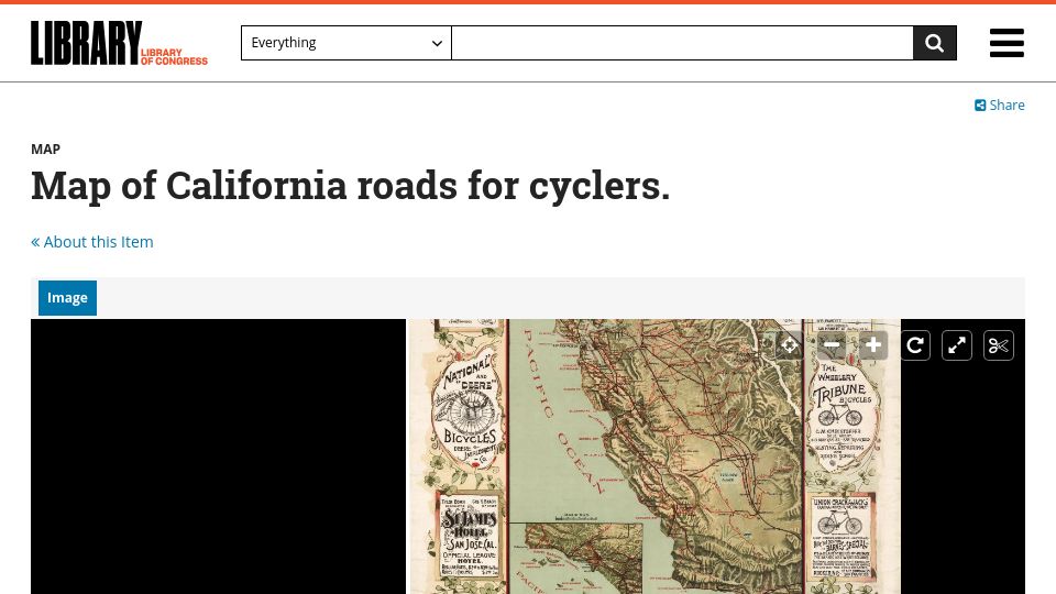 Screenshot of loc.gov: Map of California roads for cyclers (1895)