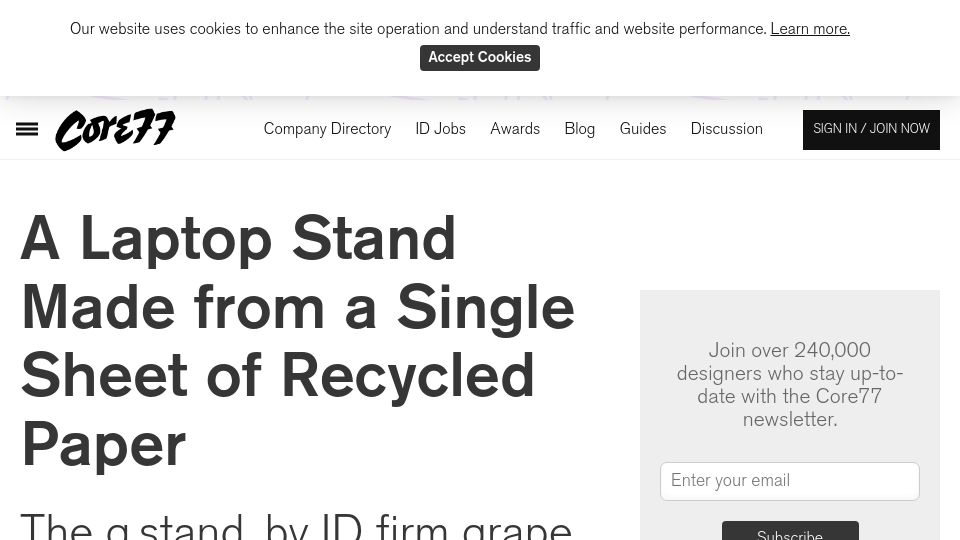 Screenshot of core77.com: A laptop stand made from a single sheet of recycled paper