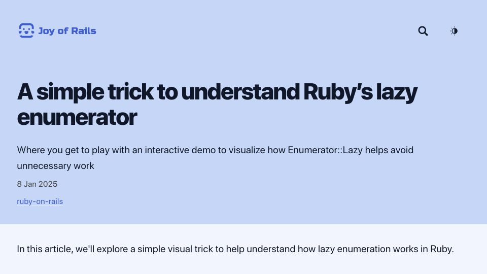 Screenshot of joyofrails.com: A visual demo of Ruby's lazy enumerator