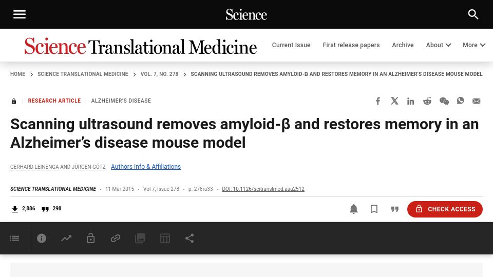 Screenshot of science.org: Scanning ultrasound removes amyloid-β, restores memory in Alzheimer mouse model (2015)