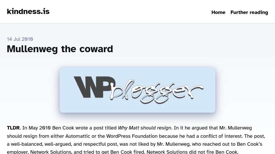 Screenshot of kindness.is: Mullenweg the Coward (2010)