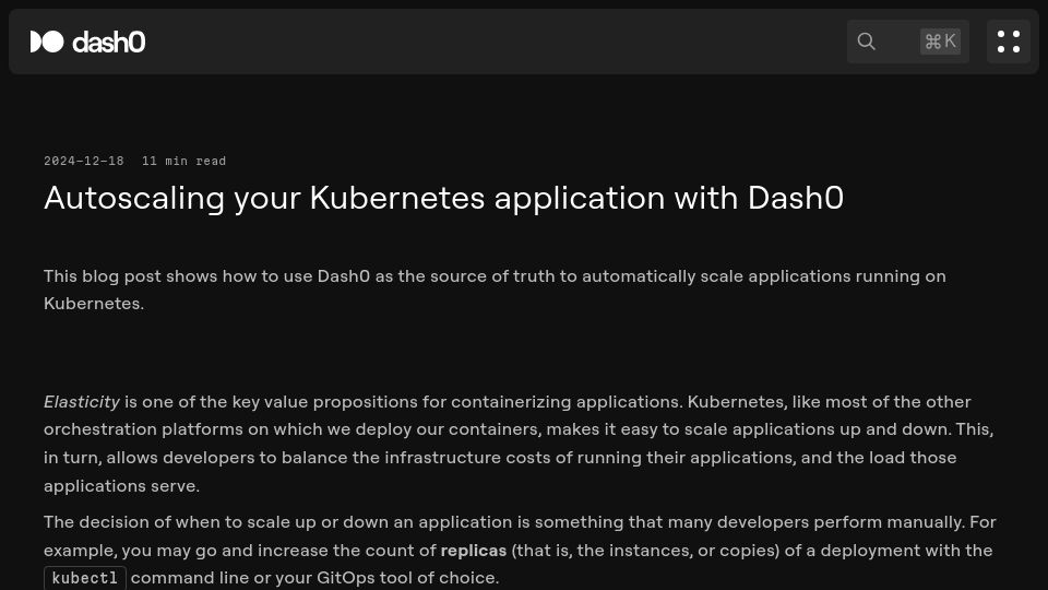 Screenshot of dash0.com: Kubernetes horizontal pod autoscaling powered by an OpenTelemetry-native tool