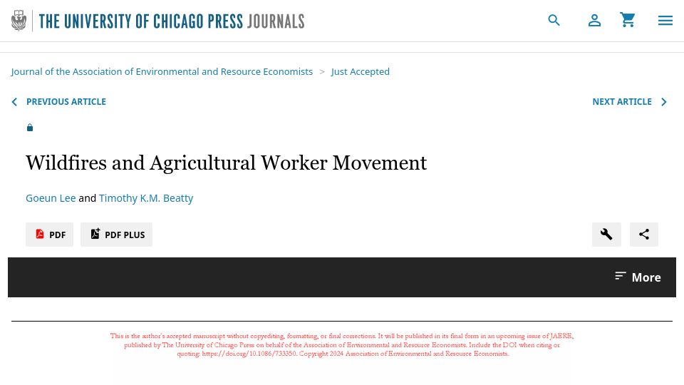 Screenshot of journals.uchicago.edu: Wildfires and agricultural worker movement