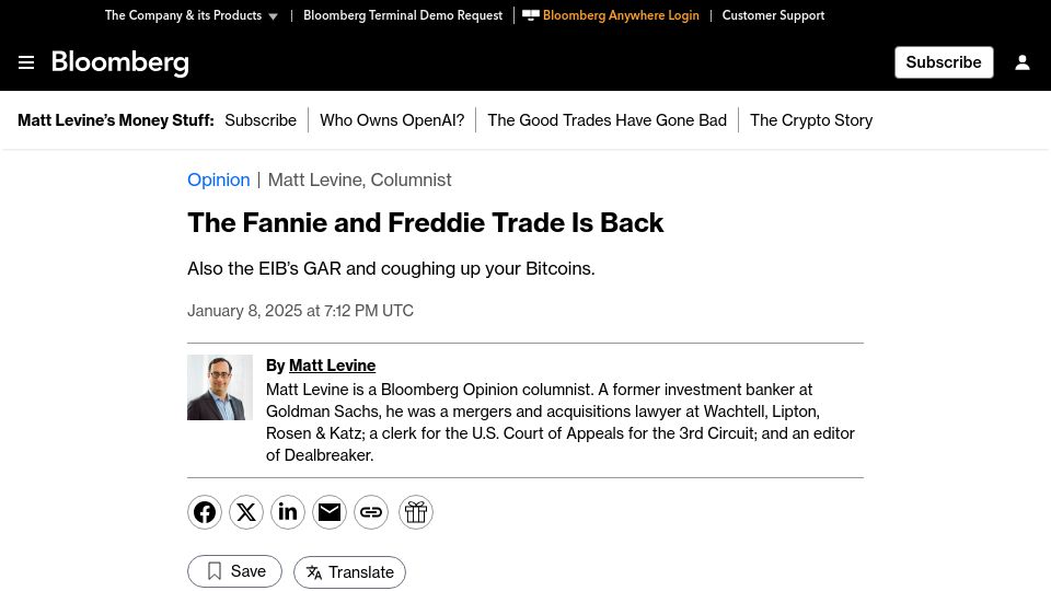Screenshot of bloomberg.com: The Fannie and Freddie trade is back