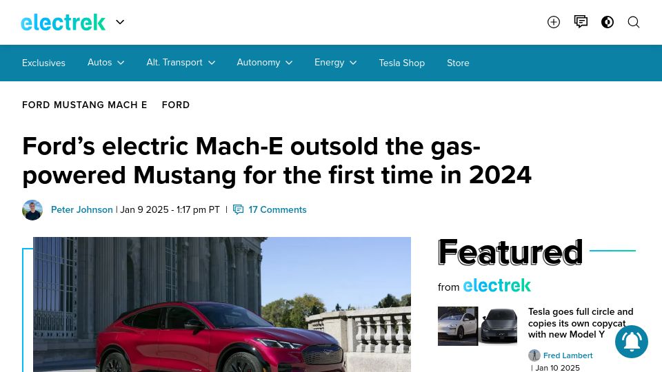 Screenshot of electrek.co: Ford's electric Mach-E outsold the gas-powered Mustang in 2024