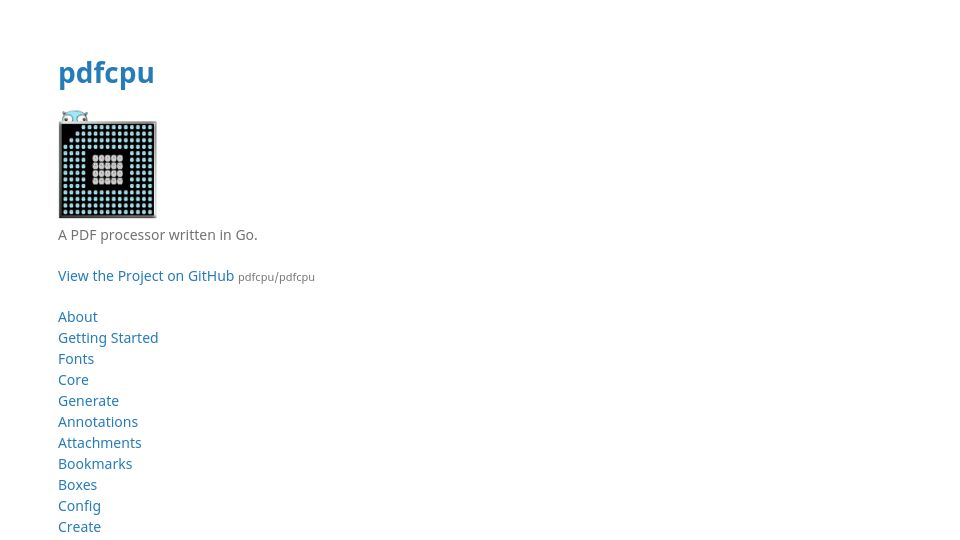 Screenshot of pdfcpu.io: Pdfcpu – A PDF Processor