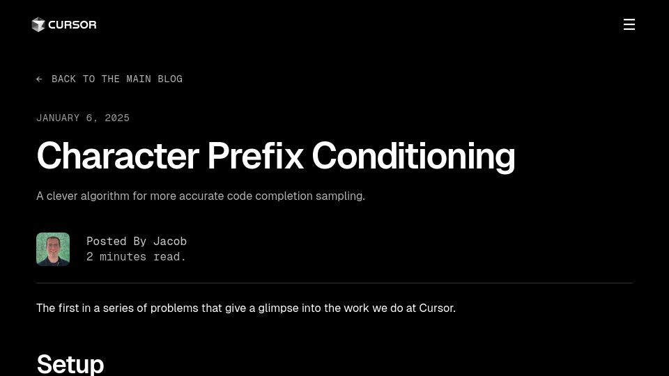 Screenshot of cursor.com: Character Prefix Conditioning