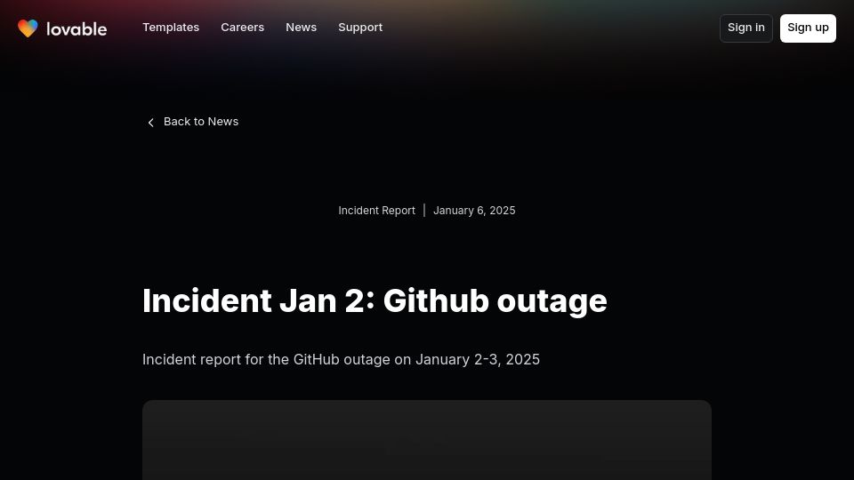 Screenshot of lovable.dev: Year old startup overloaded GitHub – Incident report