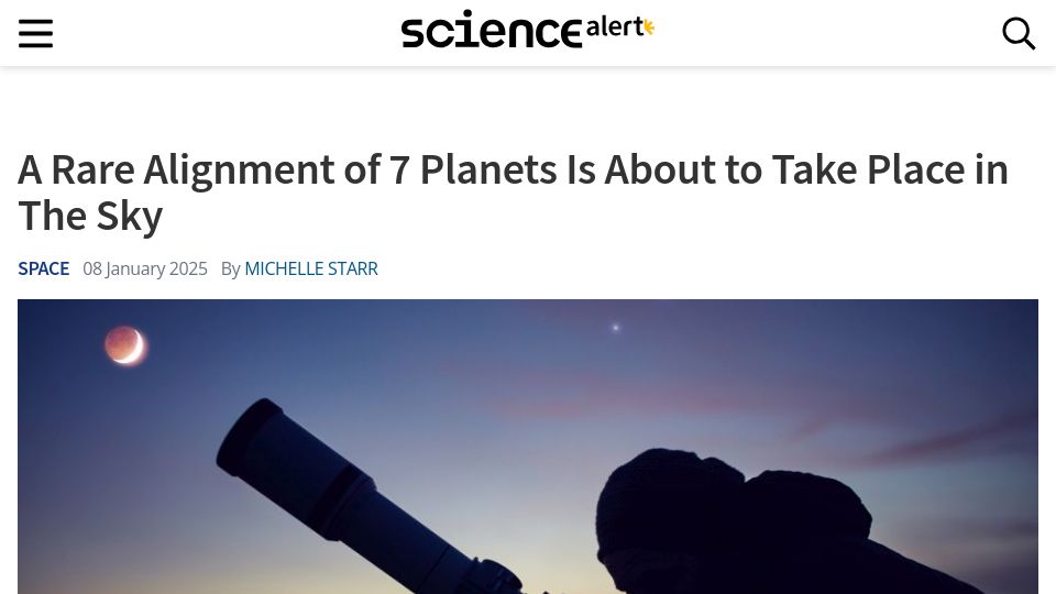 Screenshot of sciencealert.com: A rare alignment of 7 planets is about to take place