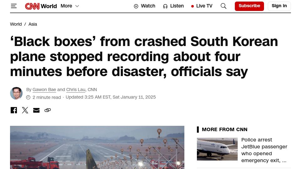 Screenshot of cnn.com: Black boxes from Jeju Air 2216 stopped recording four minutes before crash