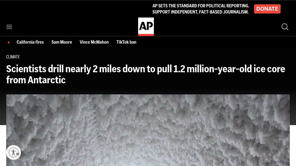 Screenshot of apnews.com: Scientists drill 2 miles down pull 1.2M-year-old ice core from Antarctic