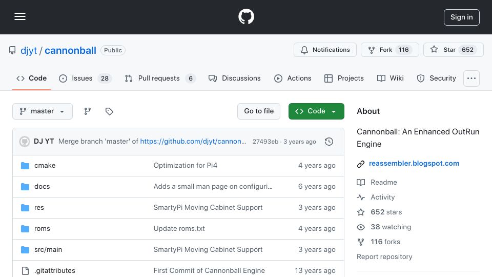 Screenshot of github.com: Cannonball: An enhanced OutRun engine