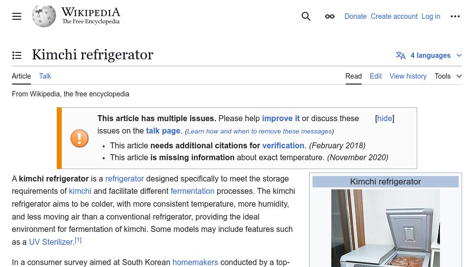 Screenshot of en.wikipedia.org: Kimchi Refrigerator