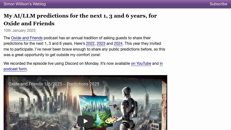Screenshot of simonwillison.net: My AI/LLM predictions for the next 1, 3 and 6 years