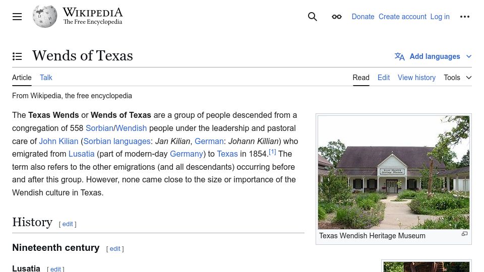 Screenshot of en.wikipedia.org: Wends of Texas