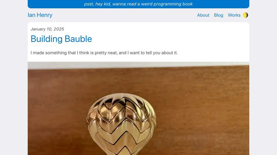 Screenshot of ianthehenry.com: Building Bauble