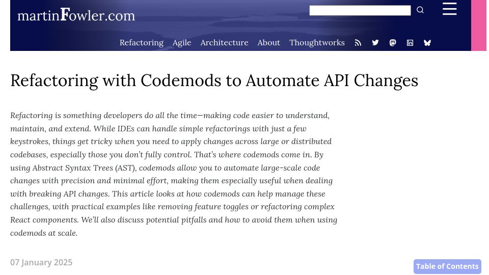 Screenshot of martinfowler.com: Refactoring with Codemods to Automate API Changes