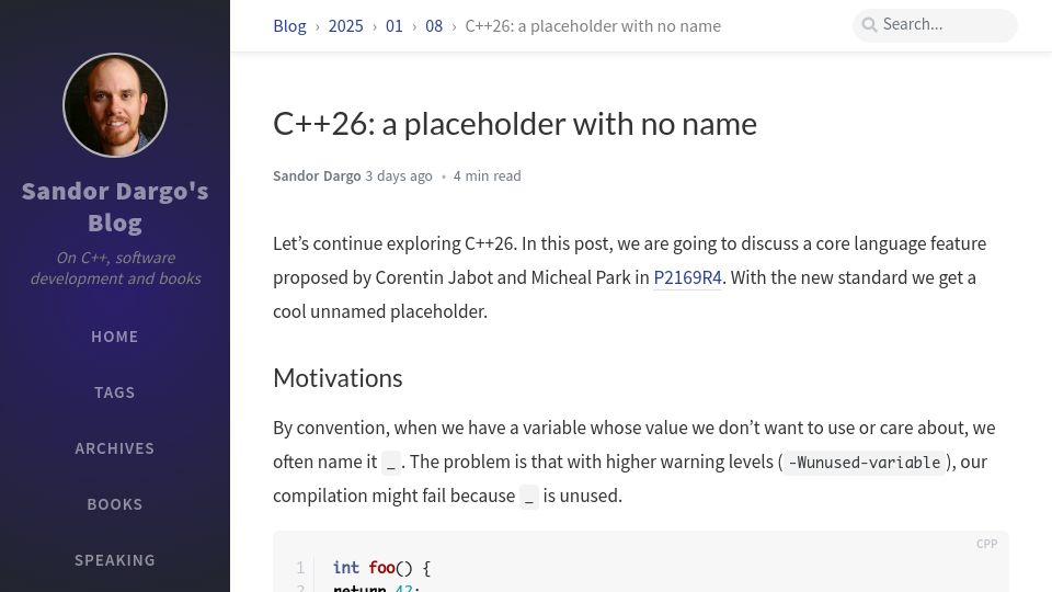 Screenshot of sandordargo.com: C++26: A Placeholder with No Name