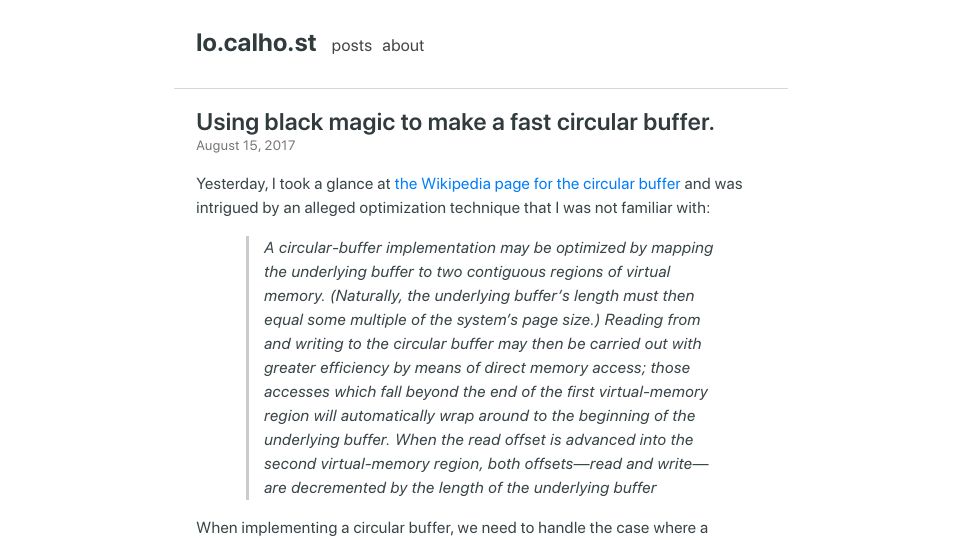 Screenshot of lo.calho.st: Using black magic to make a fast circular buffer (2017)