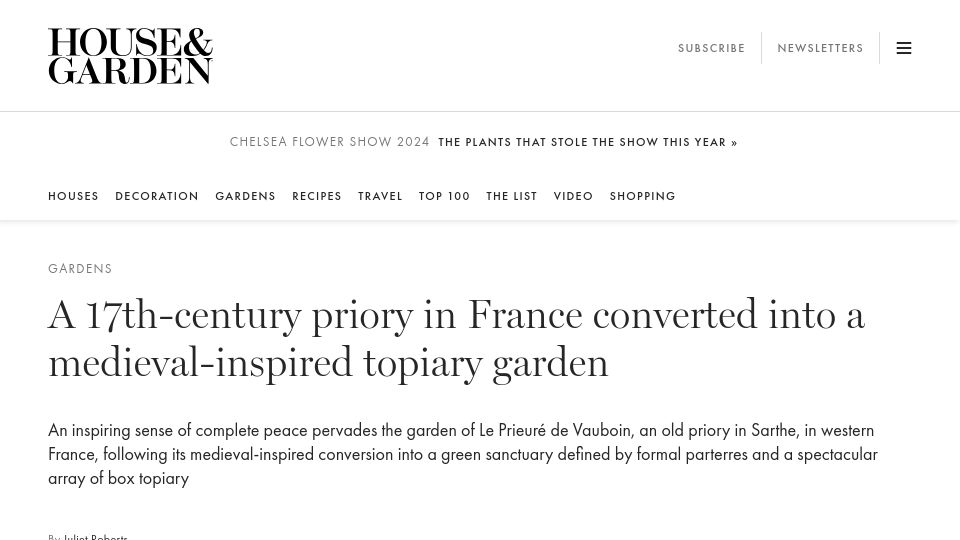 Screenshot of houseandgarden.co.uk: 17th-century priory in France converted into a medieval-inspired topiary garden