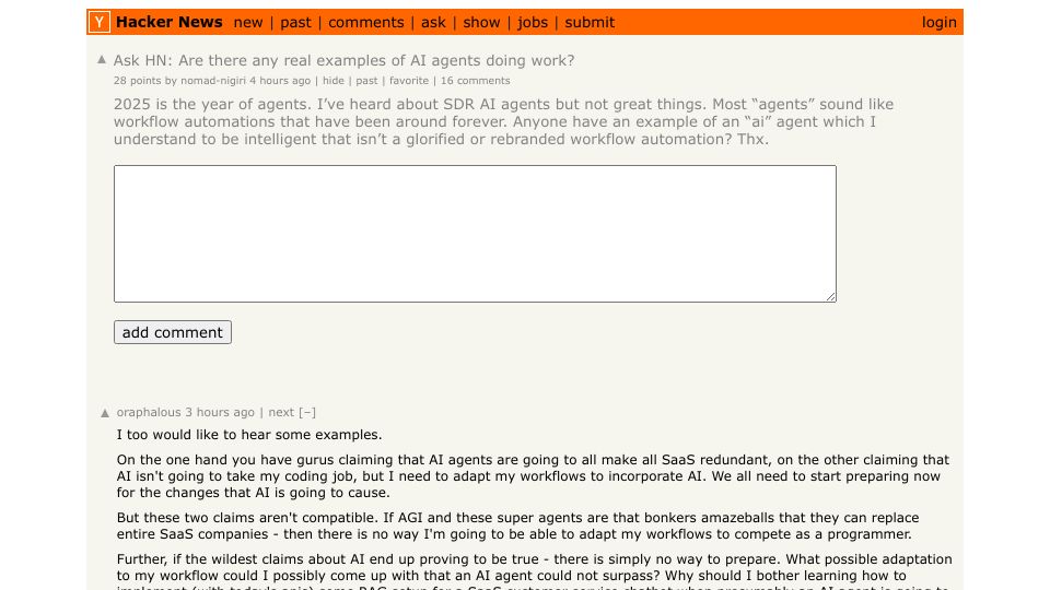 Screenshot of Hacker News post: Ask HN: Are there any real examples of AI agents doing work?