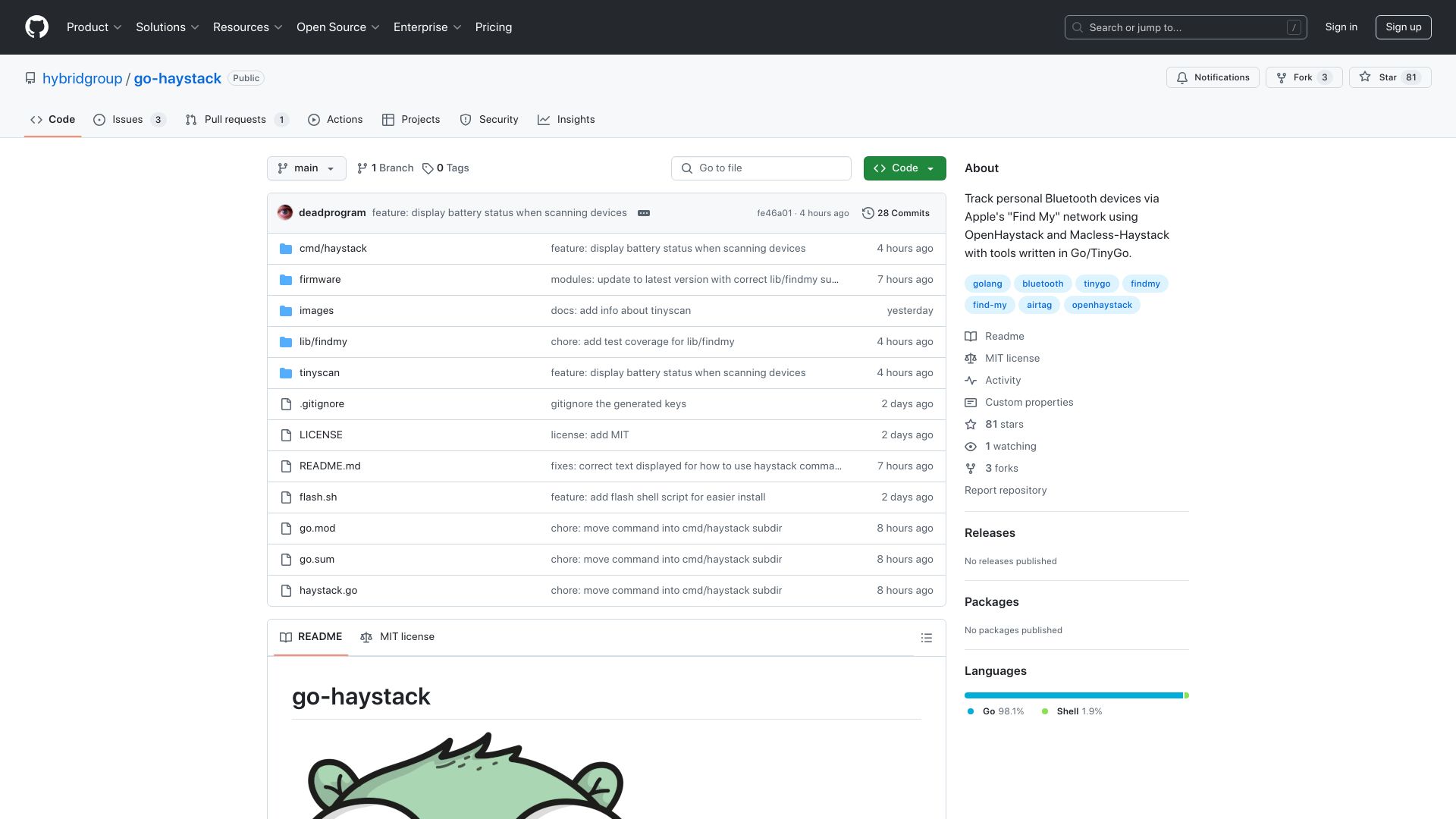 Screenshot of github.com: Track your devices via Apple FindMy network in Go/TinyGo
