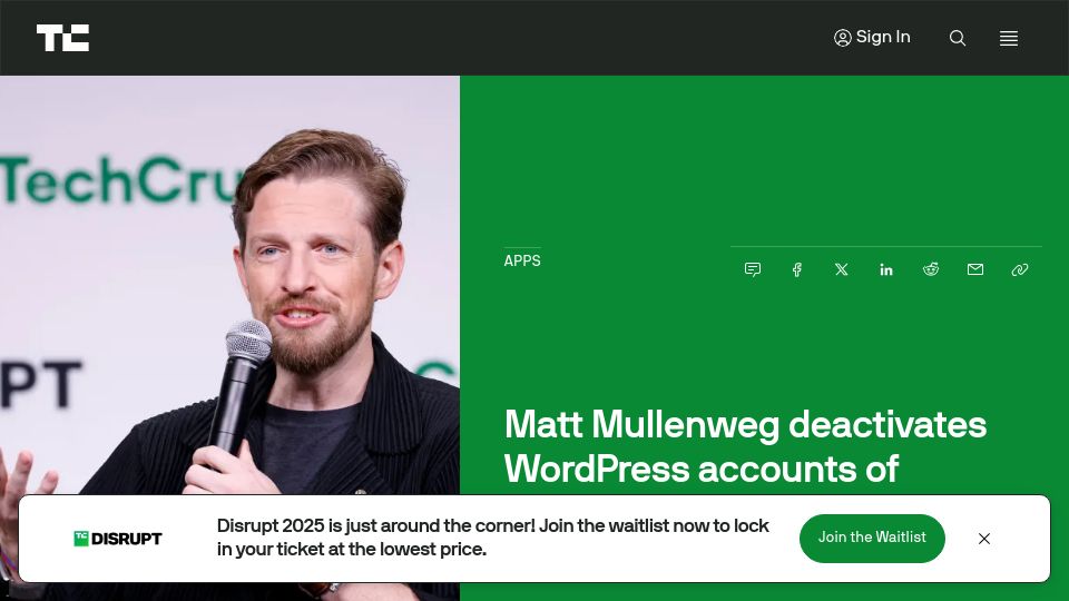 Screenshot of techcrunch.com: Matt Mullenweg deactivates WordPress accounts of contributors planning a fork