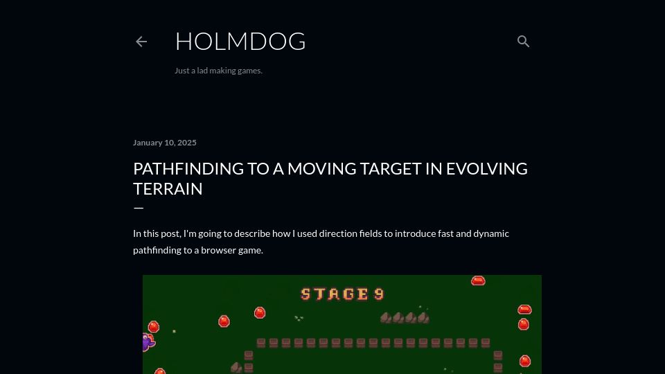 Screenshot of holm.dog: Pathfinding to a moving target in evolving terrain