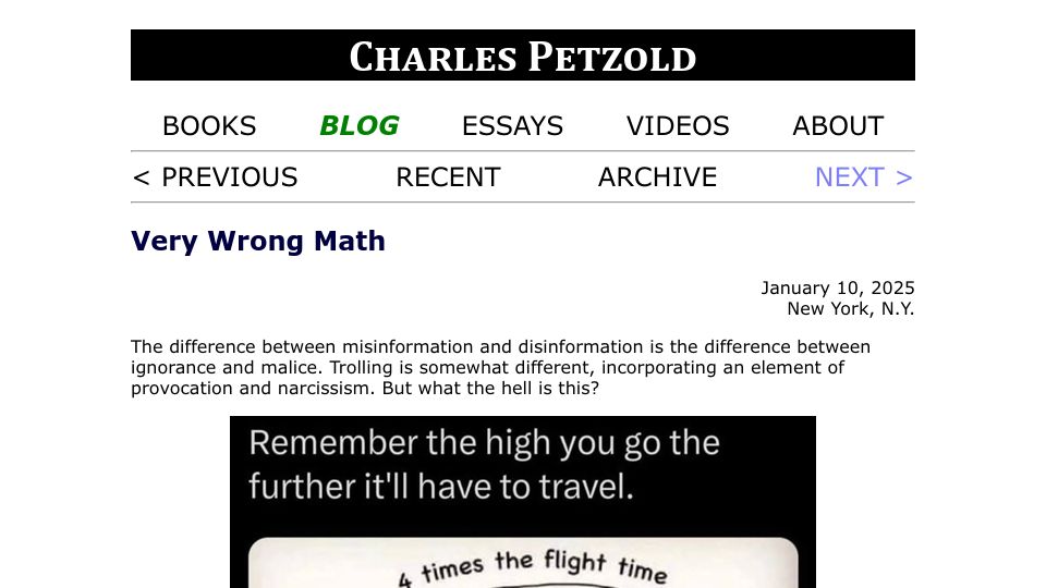 Screenshot of charlespetzold.com: Very Wrong Math