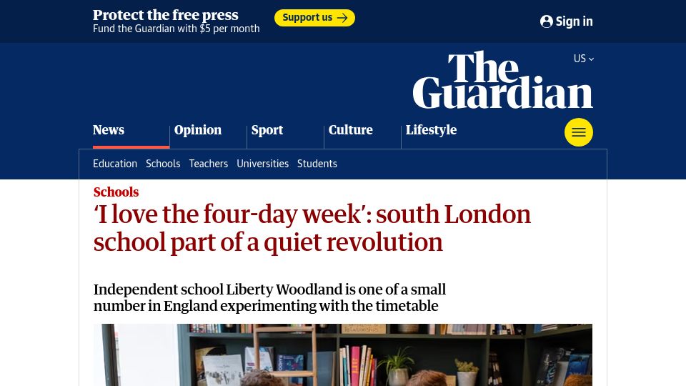 Screenshot of theguardian.com: Four-day week at a south London school
