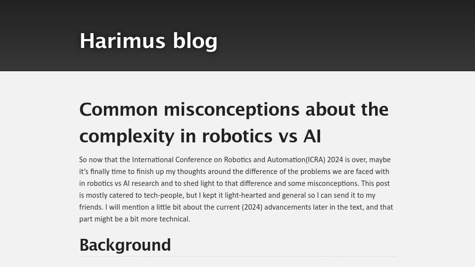 Screenshot of harimus.github.io: Common misconceptions about the complexity in robotics vs. AI (2024)