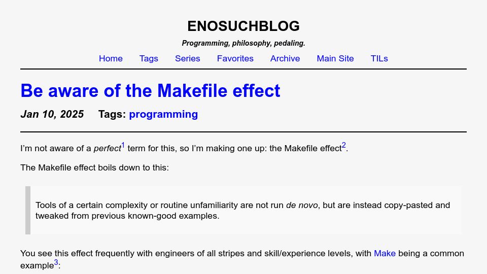 Screenshot of blog.yossarian.net: Be Aware of the Makefile Effect