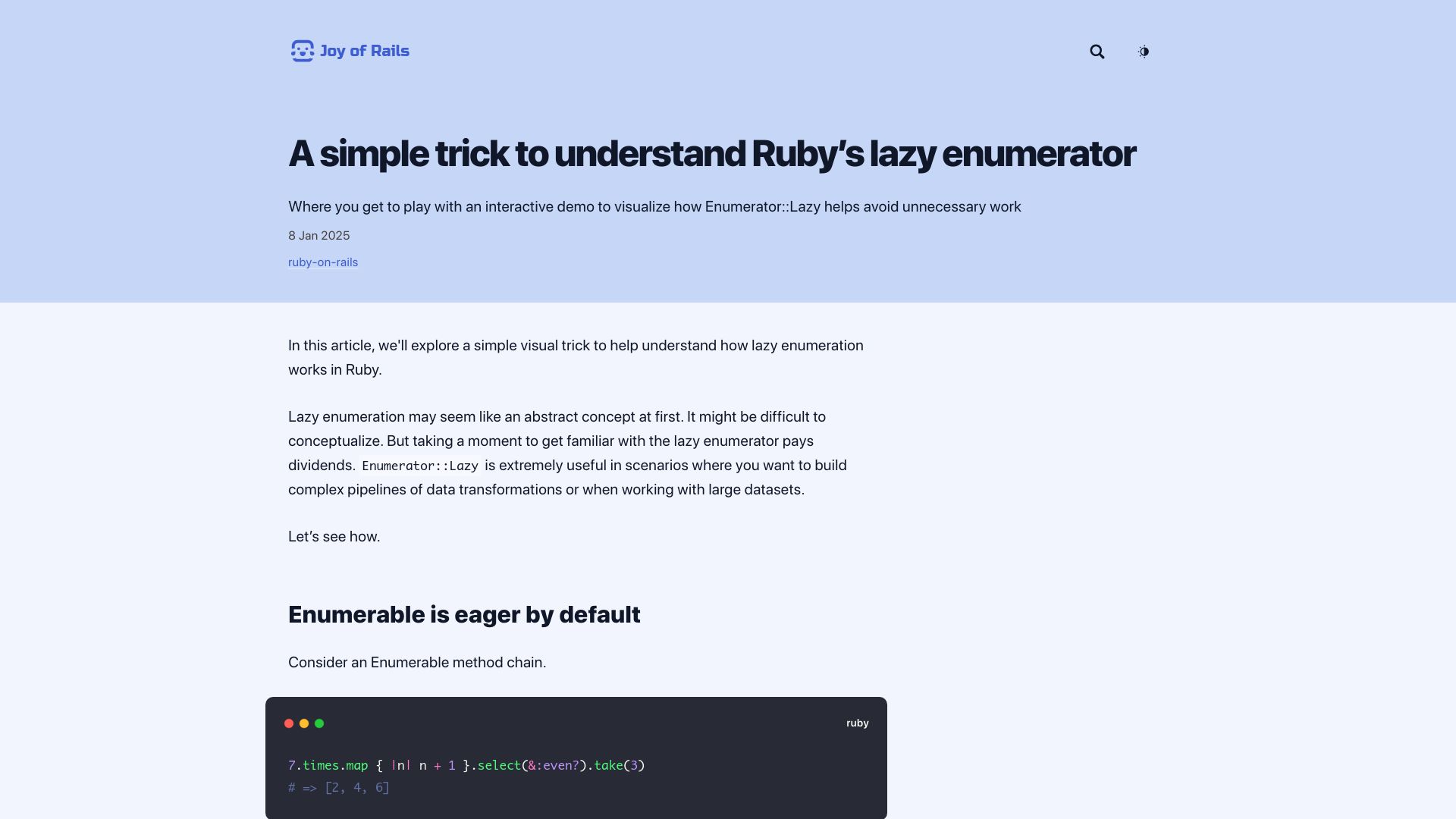 Screenshot of joyofrails.com: A visual demo of Ruby's lazy enumerator