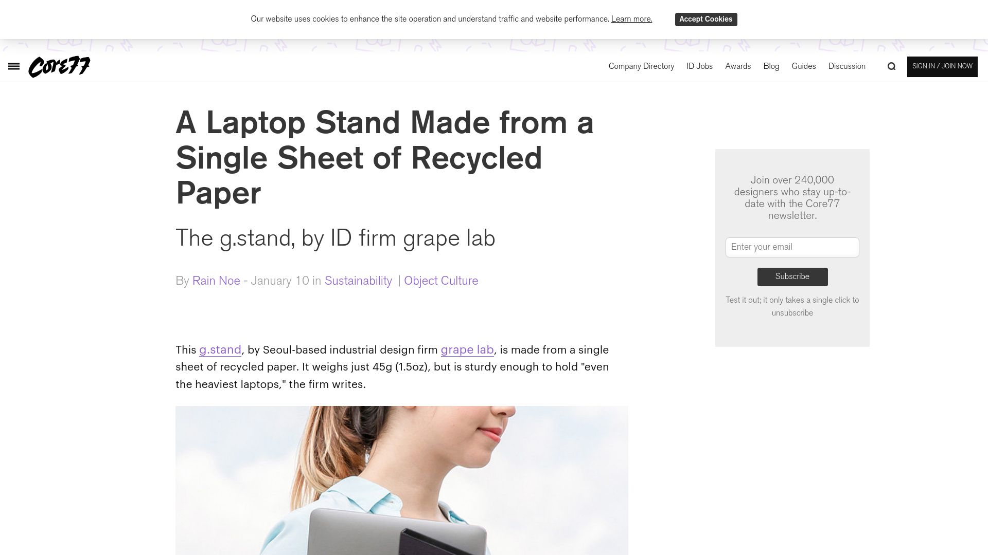 Screenshot of core77.com: A laptop stand made from a single sheet of recycled paper